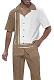 PEETITI Men's Fashion 2 Piece Short Sleeve Dress Shirts Walking Pants Suits Retro Party Wedding Suitmens PM362-16-5XL