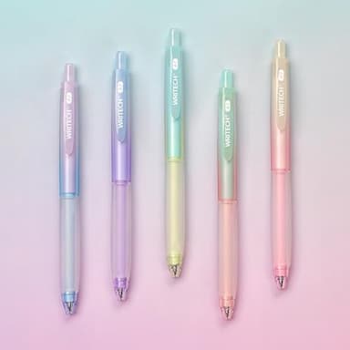 WRITECH Retractable Gel Ink Pens: 0.7mm Fine Point Black-Ink Aesthetic Gradient Color Barrel Soft Grip Medium Point Pen 5ct with 5 Refills for Journaling Smooth Writing Quick-dry No Bleed