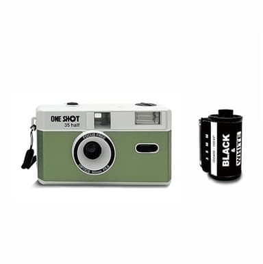 1 Shot Point and Shoot 35mm Film Camera Reusable Retro Half Frame Camera, Built in Flash, Included One Roll ASA/ISO 400 Black & White Film 18 Exp., (36 Shots) Battery Not Included (Green Color)