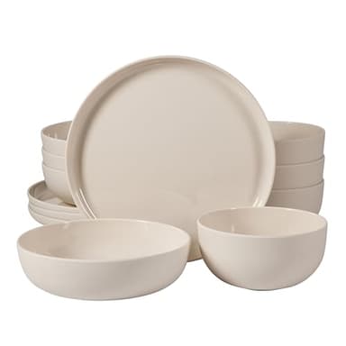 Gibson Home Candy Skies 12 Piece Unbreakable Wheat Straw Melamine Plates and Bowls Dinnerware Set - Outdoor, Camping, & Everyday Use - Matte Exterior/Shiny Interior Taupe Cream
