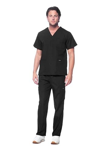 Dagacci Scrubs for Men Set - V-Neck Scrub Top and Cargo Pants - 8 Pockets Men Scrubs Set (Large, Black)