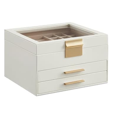 SONGMICS GISELLA Collection - Jewelry Box Organizer, 3-Layer Jewelry Storage with 2 Drawers, Shiny Metal Hardware, Glass Lid, Modern, 8 x 9.1 x 5.3 Inches, Cloud White and Gold Color UJBC239WT