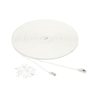 Amazon Basics RJ45 Cat 7 Ethernet Patch Cable, Flat, 600MHz, Snagless, Includes 25 Nails, 100 Foot, White