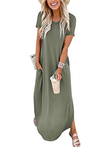 ANRABESS Womens Summer Maxi Dress Short Sleeve Casual Loose Long T Shirt Dresses Split Vacation Beach Sundress Travel Outfits Olive X-Large