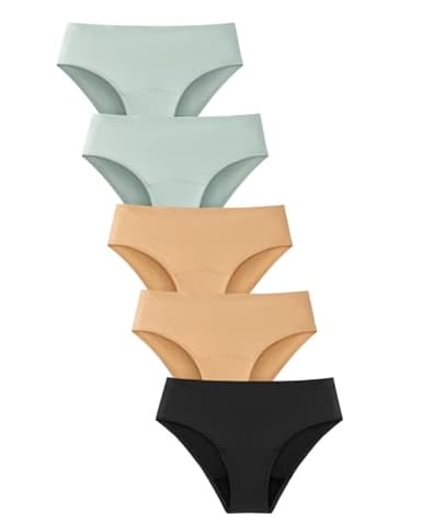 TIICHOO Period Underwear for Women Heavy Flow Period Bikini Seamless Leakproof Underwear 5 Pack (Small,2 Green/2 Beige/1 Black)