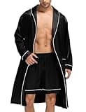 SWOMOG Men's Long Sleeve Satin Kimono Robe with Shorts Lightweight Bathrobe Pajamas