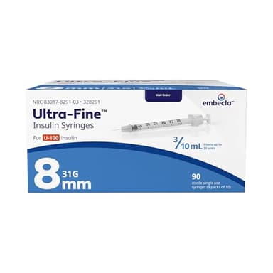 BD Ultra-Fine Syringes 31G x 5/16" (8mm), 0.3cc, Box of 90