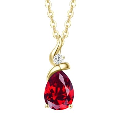 FANCIME Ruby Necklace 14K Solid Yellow Gold Pear Shaped Teardrop Pendant July Birthstone Jewelry Gifts for Mom Women