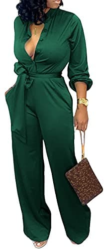 SxClub Green Jumpsuit for Women Dressy Elegant Sexy Long Sleeve Long Straight Pants Office Jumpsuits with Belt Pockets Button(3X-Large)
