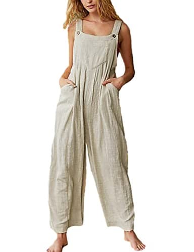 Himosyber Women's Patchwork Dual Pocket Jumpsuit Loose Floral Print Bohemian Wide Leg Bib Overall (#2Beige, S)