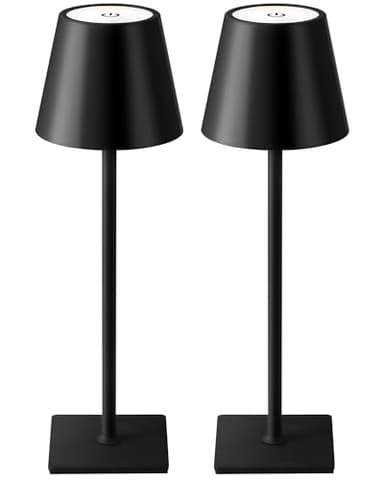 KDG 2 Pack Cordless Table Lamp, Portable LED Desk Lamps, 5000mAh Battery Operated, 3 Color Stepless Dimming Up, for Restaurant, Bedroom, Outdoor Camping, Coffee Shop, Night Light, Rechargeable (Black)