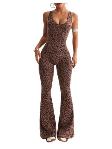 Verdusa Women's Cheetah Print Yoga Jumpsuit Criss Cross Backless Sleeveless Workout Clothes Flared Pants Rompers Coffee Brown Large