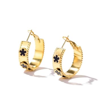 14K Gold Plated Clover Earrings for Women Hypoallergenic Stainless Steel Clover Hoop Earrings Lovely Gift (14K Gold-Black)