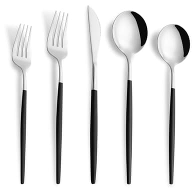 Joincook 20 Piece Black Silver Silverware Set,Stainless Steel Flatware Cutlery Set Service for 4 Including Forks Spoons Knives,Utensil Set,Tableware for Home and Restaurant, Dishwasher Safe