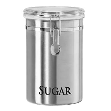 Oggi Stainless Steel Sugar Canister 62 fl oz - Airtight Clamp Lid, Clear See-Thru Top - Ideal Sugar Container for Countertop, Sugar Jar, Bulk Sugar Storage. Large Size 5" x 7.5".