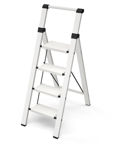 Taranta 4 Step Ladder, Lightweight Aluminum Step Stool with Convenient Handgrip, Folding Ladder with Anti-Slip Pedals, 330lbs Capacity Stepladder for Home, Office, Kitchen - White