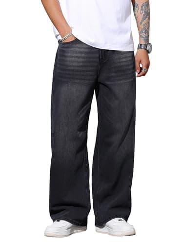 DFGIGT Mens Wide Leg Baggy Jeans Y2k Casual Fashion Loose Denim Pants Work Office Streetwear Hip Hop 2000s Jinco Oversized Relaxed Extreme Skater Skateboard,B10 Black,X-Small