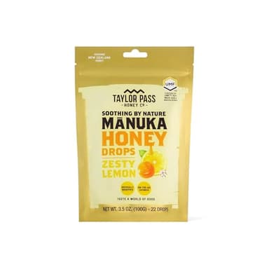 Taylor Pass Honey Co Mānuka Honey Drops UMF™ 10+| Zesty Lemon | Mānuka Honey Lozenges | Soothing Natural Manuka On-The-Go | 22 Individually Wrapped Drops | Made in New Zealand