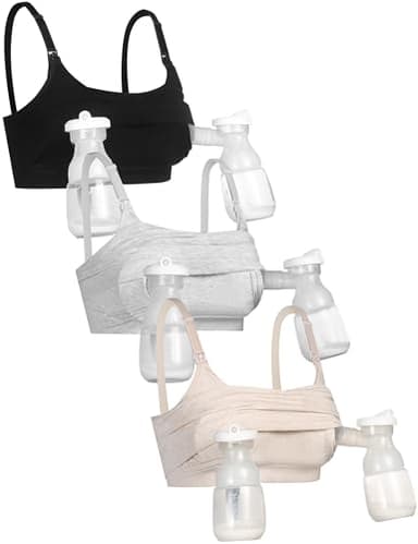GXXGE 3Pack Hands Free Pumping Bra, Adjustable Pumping & Nursing Bra with EasyClip for All Breast Pumps Cotton Sleep Bra Black Beige Grey Large