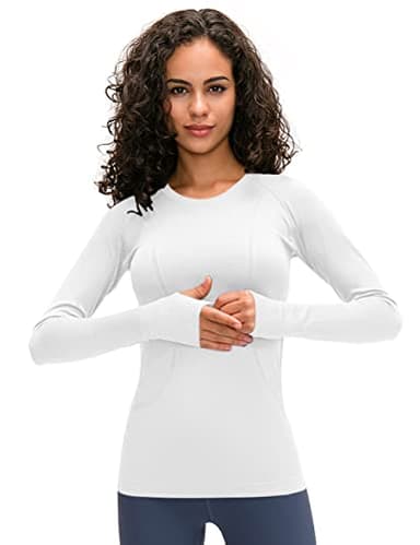 LUYAA Workout Shirts for Women Long Sleeves Slim Fit Seamless Athletic Tops Stretchy Sports Shirts White S
