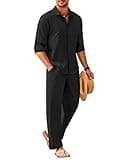 COOFANDY Mens Coordinated Outfit Linen Beach Long Sleeve Button Down Shirts and Loose Pants Vacation Casual Suit Set, Black, X-Large