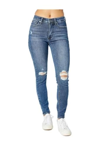 Judy Blue Women's Mid Rise Tummy Control Destroy Skinny Denim Jeans, 88798 (Medium Blue, 13)