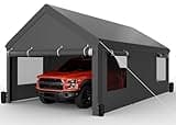 JAMFLY Carport, 12x20 ft Heavy Duty Carport with Roll-up Windows, Portable Garage with Removable Sidewalls & Doors, Car Canopy with Sandbags and All-Season Tarp for Car Boat Truck Motorcycle