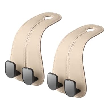 2 Pack KAFANLIN Car Headrest Hooks for Purses and Bags Cute Leather Car Seat Back Head Rest Double Hooks for Bags Cute Pink Beige Car Accessories Headrest Back Seat Handbags Hook (Beige 2 Pack)