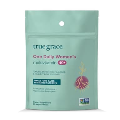 True Grace One Daily Women’s Multivitamin 40+ Fermented Minerals, Organic Adaptogens & Mushrooms Energy, Immune, Bone Support - Non-GMO - Iron, Gluten & Soy Free - 90 Vegan Tablets