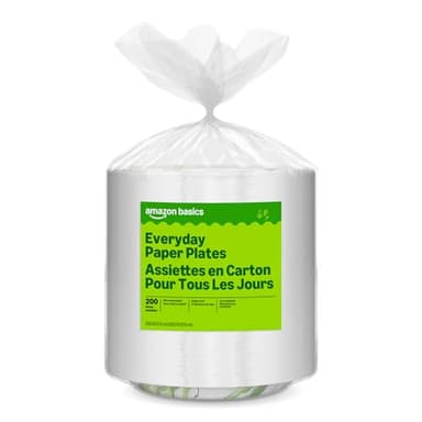 Amazon Basics Everyday Disposable Paper Plates, 8.62 Inch, Microwave-Safe, Cut Resistant, Soak-Proof, 200 Count