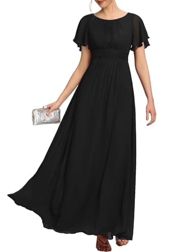 Ever-Pretty Women's Spring Elegant Round Neck Short Sleeve Chiffon Empire Waist Floor Length Formal Dresses Bridesmaid Dress Black US08