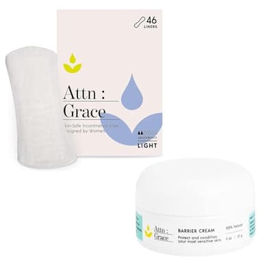 Attn: Grace Panty Liners and Nourishing Barrier Cream for Women - 46 Liners & 2oz Barrier Cream | for Light Urinary Incontinence, Bladder Leakage or Postpartum - 100% Breathable & Plant-Materials