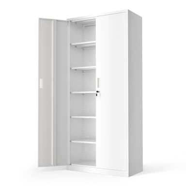 VINGLI Metal Garage Storage Cabinet with 2 Doors and 5 Adjustable Shelves, 71" Tall Steel Lockable File Cabinet, Locking Tool Cabinets for Home Office Garage Gym School (White)