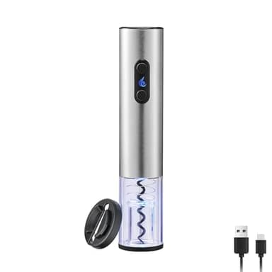 ELMWAY Rechargeable Wine Opener by ELMWAY, Electric Wine Bottle Opener with Foil Cutter, LED Light and Stainless Steel Shell, Cordless Corkscrew & Cork Remover, Gifts for Wine lover- Silver