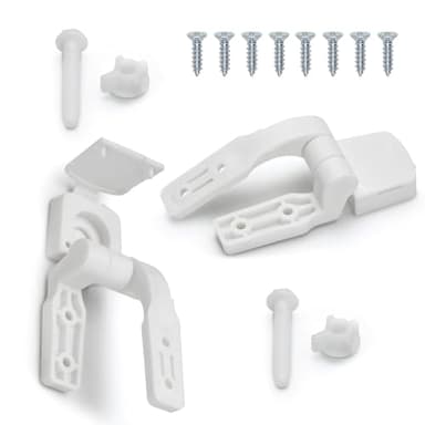 White Plastic Toilet Seat Hinge Replacement with Bolts, Screws, and Nuts, Universal Toilet Seat Bracket Hardware for Replacement and Repair.