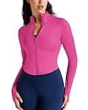 QUEENIEKE Women's Cropped Workout Jackets - Zip Up Long Sleeves Athletic Yoga Slim Fit BBL Running Jacket with Thumb Holes (Hot Pink, Medium)