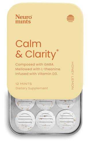 Neuro Calm & Clarity Mints - GABA L-Theanine Stress Supplement with Vitamin D3 - Non-Drowsy, Functional Calming Mints for Mood, Mental Clarity & Cognitive Function - Honey Lemon, 12 ct