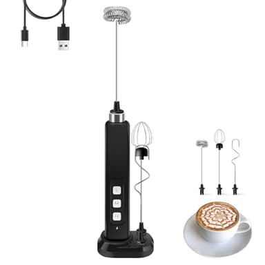 Rechargeable Milk Frother Handheld with 3 Detachable Stainless Whisks, 3 Speed Adjustable Drink Mixer, Mini Frother Wand for Coffee, Matcha, Protein Shakes, with Charging Base and Whisk Storage