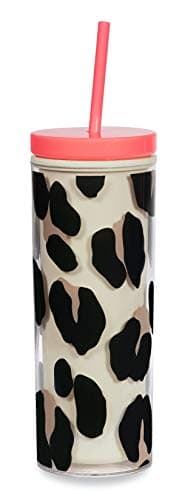 kate spade new york Insulated Tumbler with Reusable Straw, Leopard Print 24 Ounce Acrylic Travel Cup with Lid, Forest Feline