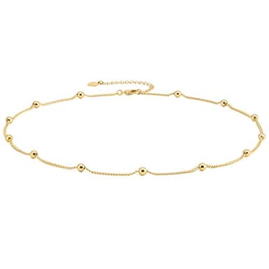 Aobei Pearl 18K Gold Plated Choker Necklace for Women Curb Ball Satellite Chain Dipped Short Chokers Dainty Layering Jewelry 16’’