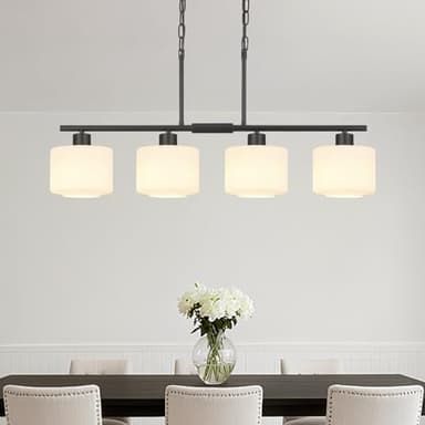 Osimir 4-Light Kitchen Island Lighting, Modern Black Linear Dining Room Chandelier Light Fixtures with Milk Glass and Chain, Farmhouse Hanging Lights for Kitchen Island Dining Room, OS-YQ8153-4ISBKW