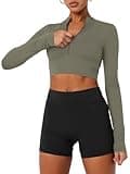 LASLULU Womens Zip Up Jackets Crop Tops Compression Sweatshirts Long Sleeve Half Zip Yoga Sports Pullover Tops Outwear(Army Green Medium)