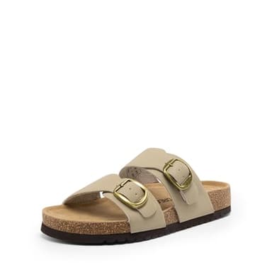 DREAM PAIRS Women's Slides Soft Genuine Footbed Sandals Comfortable Adjustable Double Buckle Slip-on Flat Sandals with Arch Support Frame Dual Slippers for Summer 2026,Size 11,Taupe,SDSS26004W