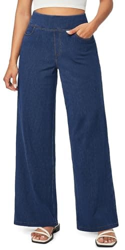 IUGA Wide Leg Jeans Woman High Waisted Pull On Baggy Jeans for Women Stretchy Trendy Womens Jean Straight Casual Denim Pants Dark Blue