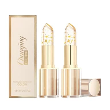 Sulily 2Pcs Transferproof Color Changing Lipstick, Gold Crystal pH Color-Changing Lipstick 24 Hours Long Lasting & Moisturizing Lip Gloss, Clear Lip stick for Women, Birthday Mothers Day Gifts