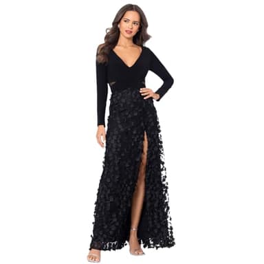 Xscape Women's Long Sleeve V-Neck Floral Skirted Floor Length Gown, Black, 12P