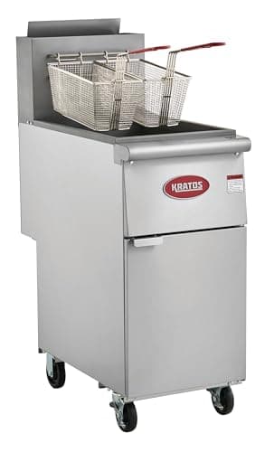 Kratos Commercial Deep Fryer, Mobile Gas Floor Fryer for Restaurants, Stainless Steel, 2 Fryer Baskets, Three Burners, 50 lb. Capacity, 120,000 BTU, Liquid Propane (29Y-051-LP)