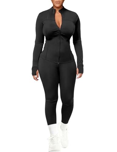 UOUA Womens Workout Set Two Piece Outfits Bodycon Long Sleeve Zipper Jacket & Leggings for Gym Tracksuit Black M