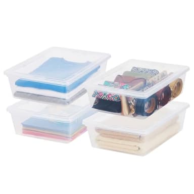 IRIS USA 4-Pack Underbed Storage Bins with Lids, 13 Quart Clear Flat Plastic Storage Containers, Stackable Latching Organizer Tote for Under Bed, Closet, Bedroom, Dorm, Clothing & Home Organization