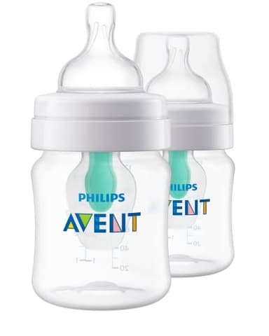 Philips Avent Anti-Colic Baby Bottle with AirFree Vent, 4oz, with Flow 1 Nipples, 0m+, 2pk, Clear, SCY701/92